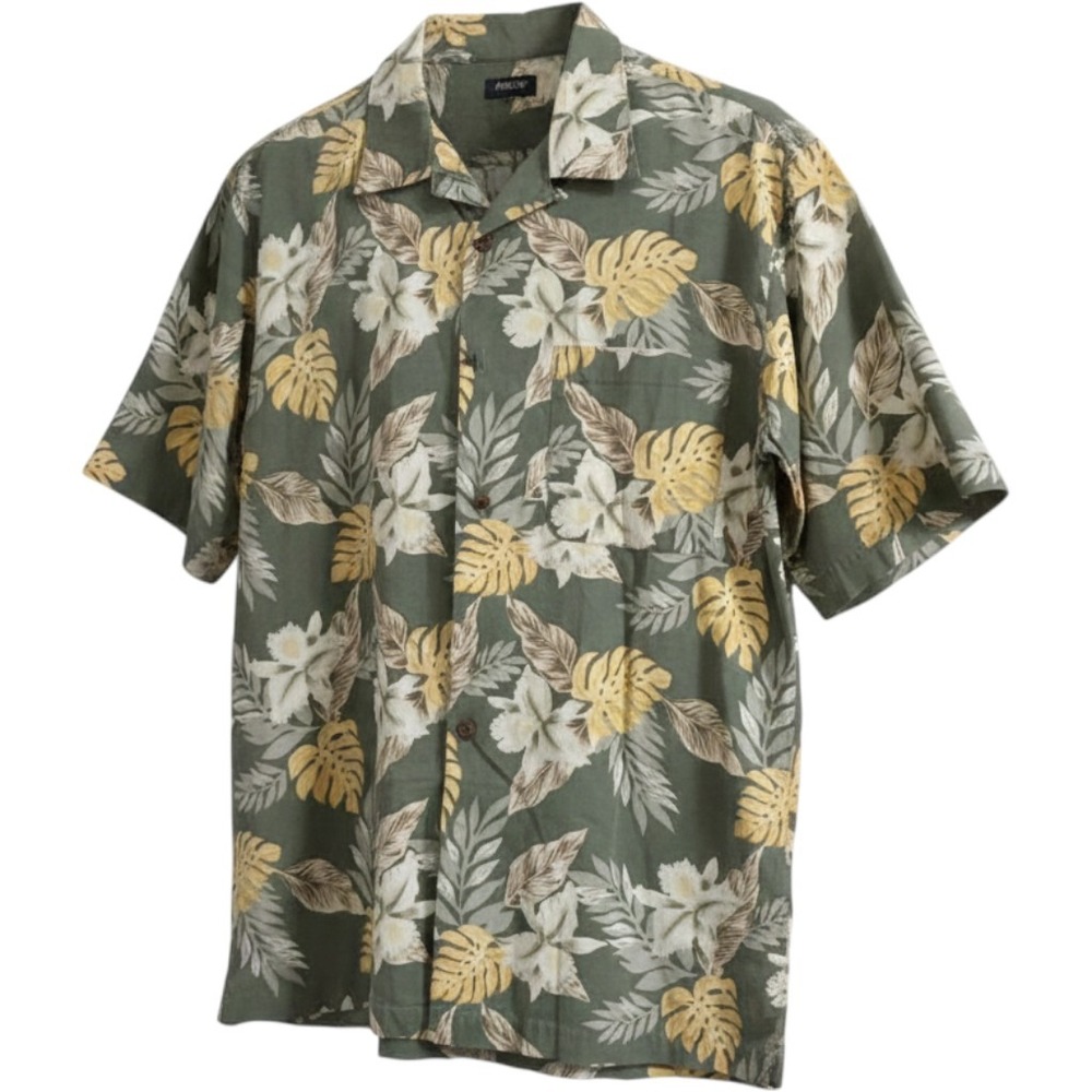 Arrow Mens Tropical Floral Camp Shirt Olive Green Monstera Cotton Button Down M